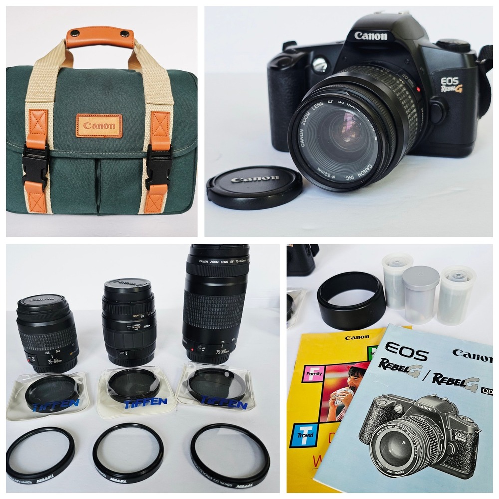 Vtg Y2K Canon EOS Rebel G 35mm SLR Film Camera Bundle w/ 3 Lenses & Bag Retro